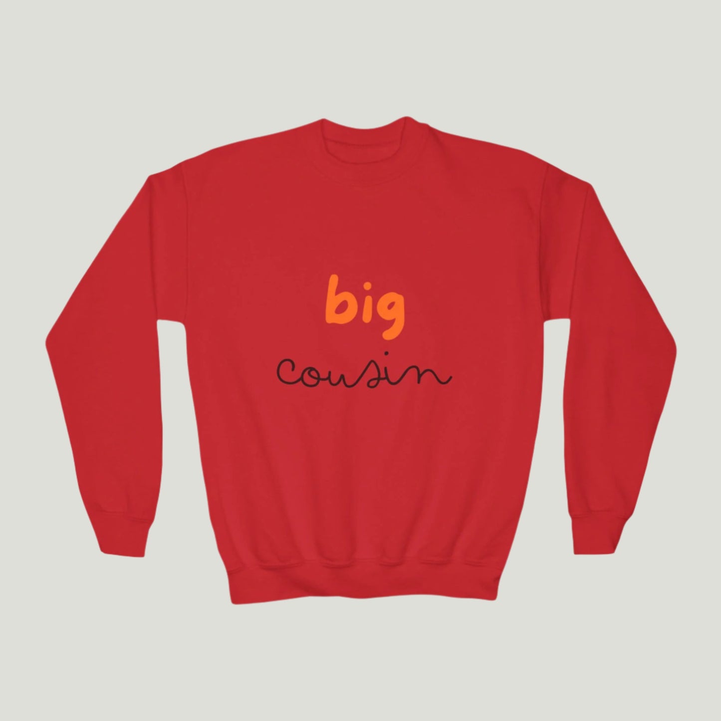 
Big Cousin Crewneck Sweatshirt in red color featuring bold text "Big Cousin," perfect for announcing a new addition to the family; ideal for cousins and family gatherings 
