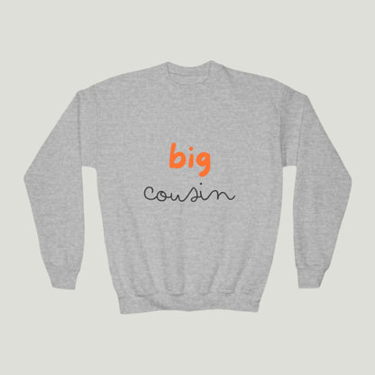 Big Cousin Crewneck Sweatshirt in sport grey color featuring bold text "Big Cousin," perfect for announcing a new addition to the family; ideal for cousins and family gatherings 
