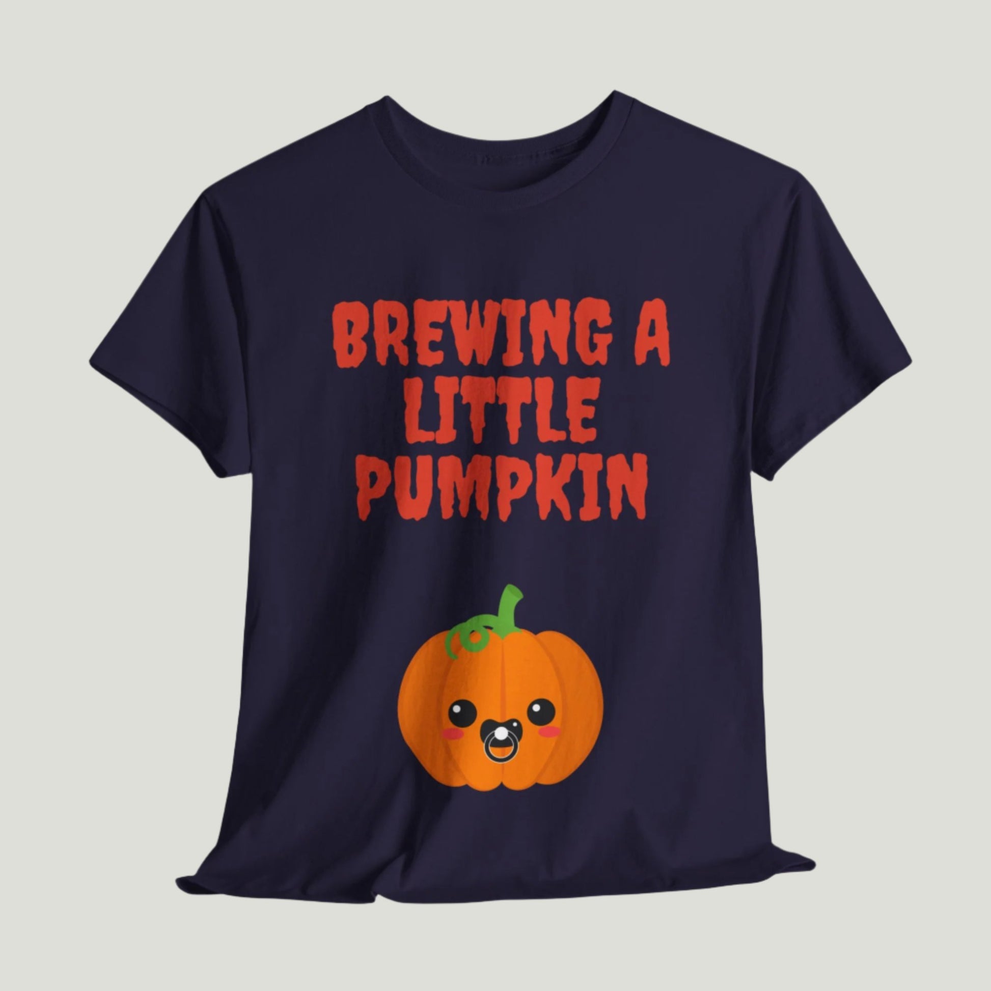 blackberry t-shirt featuring red text "Brewing A Little Pumpkin," perfect for announcing a pregnancy during Halloween, worn by a smiling woman.