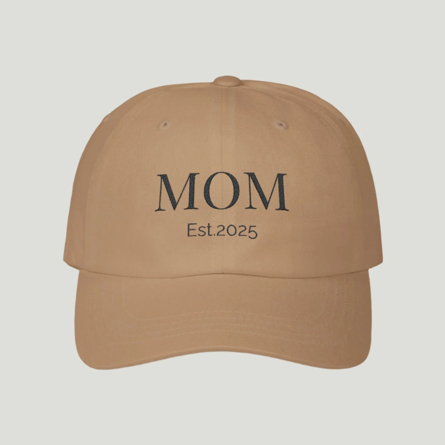 Classic Mom Cap in khaki color, featuring a stylish embroidered 'Mom' design in black thread, perfect for celebrating motherhood and announcing pregnancy.