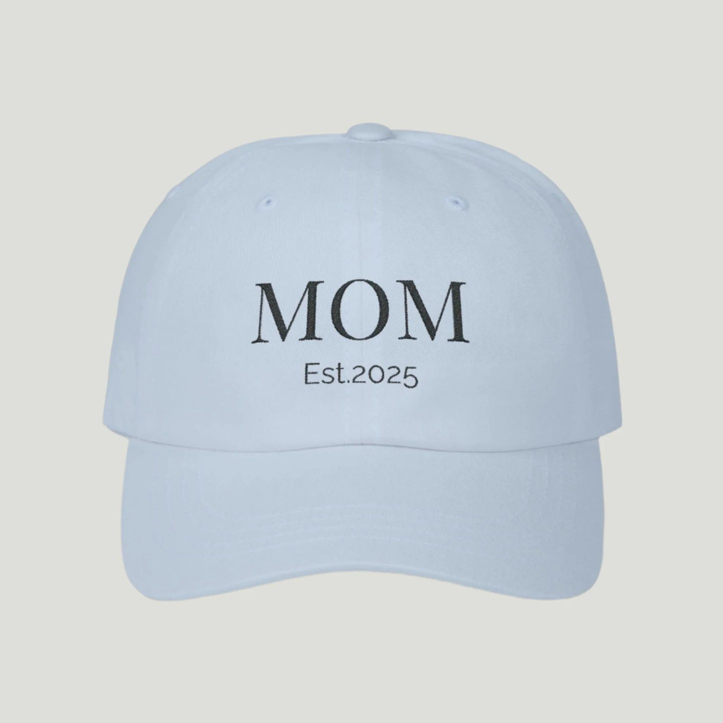 Classic Mom Cap in light blue color, featuring a stylish embroidered 'Mom' design in black thread, perfect for celebrating motherhood and announcing pregnancy.