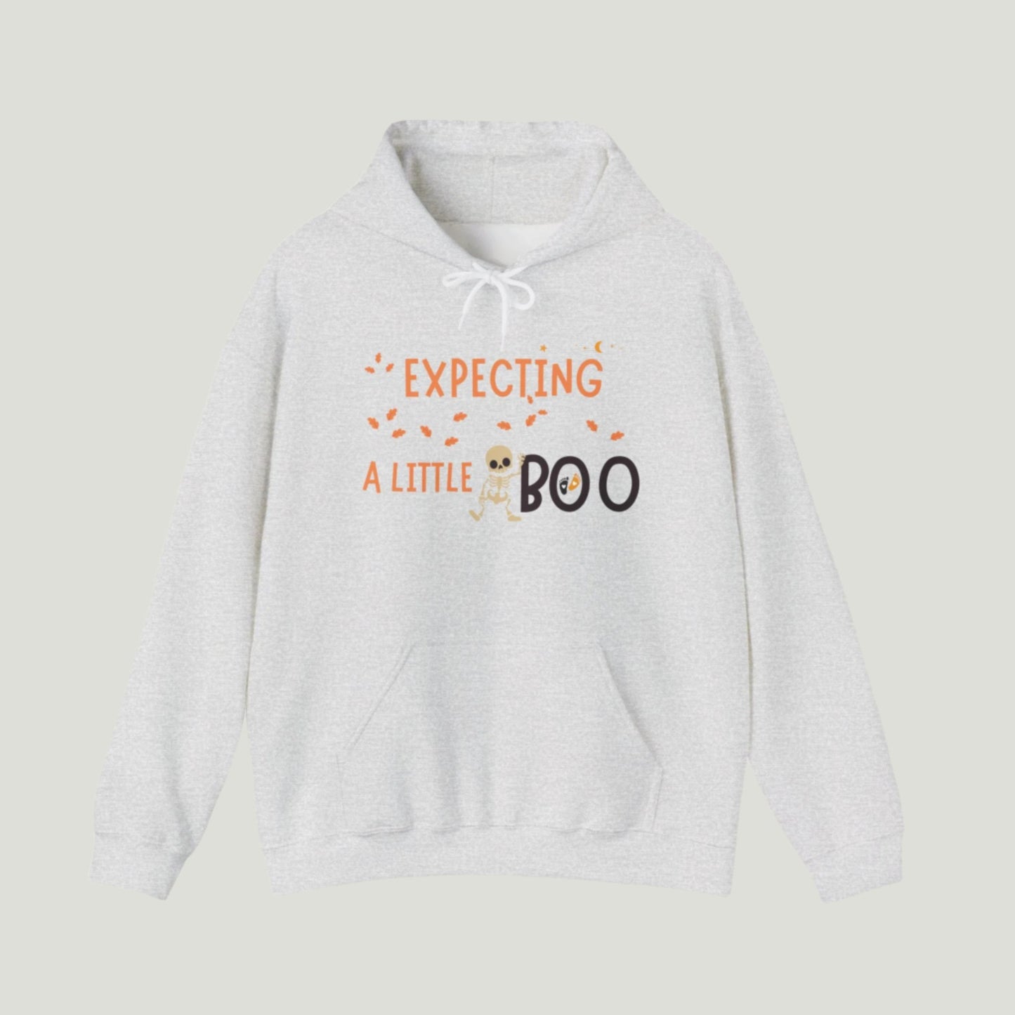 Expecting A Little Boo Sweatshirt in ash color, featuring a playful Halloween-themed design ideal for pregnancy announcements