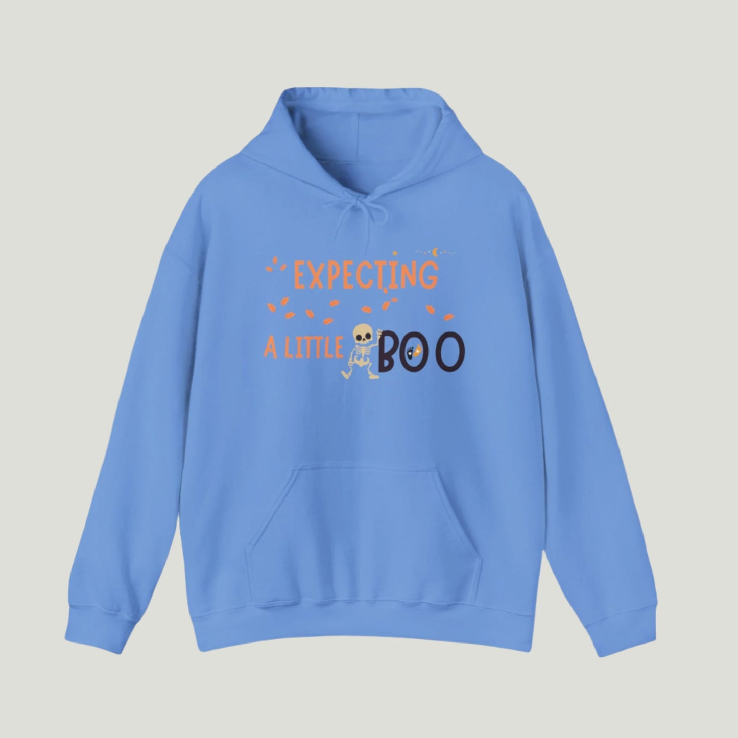 Expecting A Little Boo Sweatshirt in Carolina blue, featuring a cute Halloween-themed graphic perfect for pregnancy announcements