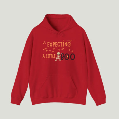 Expecting A Little Boo Sweatshirt in cherry red, featuring a playful graphic for Halloween-themed pregnancy announcements