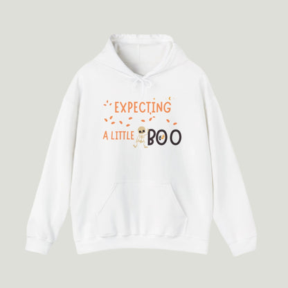 Expecting A Little Boo Sweatshirt in white color, featuring a cute Halloween-themed graphic perfect for pregnancy announcements