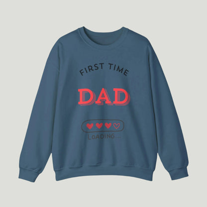 Indigo Blue First Time Dad Loading Sweatshirt featuring a playful loading bar adorned with hearts. Ideal for announcing pregnancy to expectant fathers, this cozy sweatshirt celebrates the exciting journey of becoming a dad for the first time!