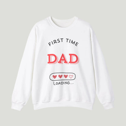 White color First Time Dad Loading Sweatshirt featuring a playful loading bar adorned with hearts. Ideal for announcing pregnancy to expectant fathers, this cozy sweatshirt celebrates the exciting journey of becoming a dad for the first time!