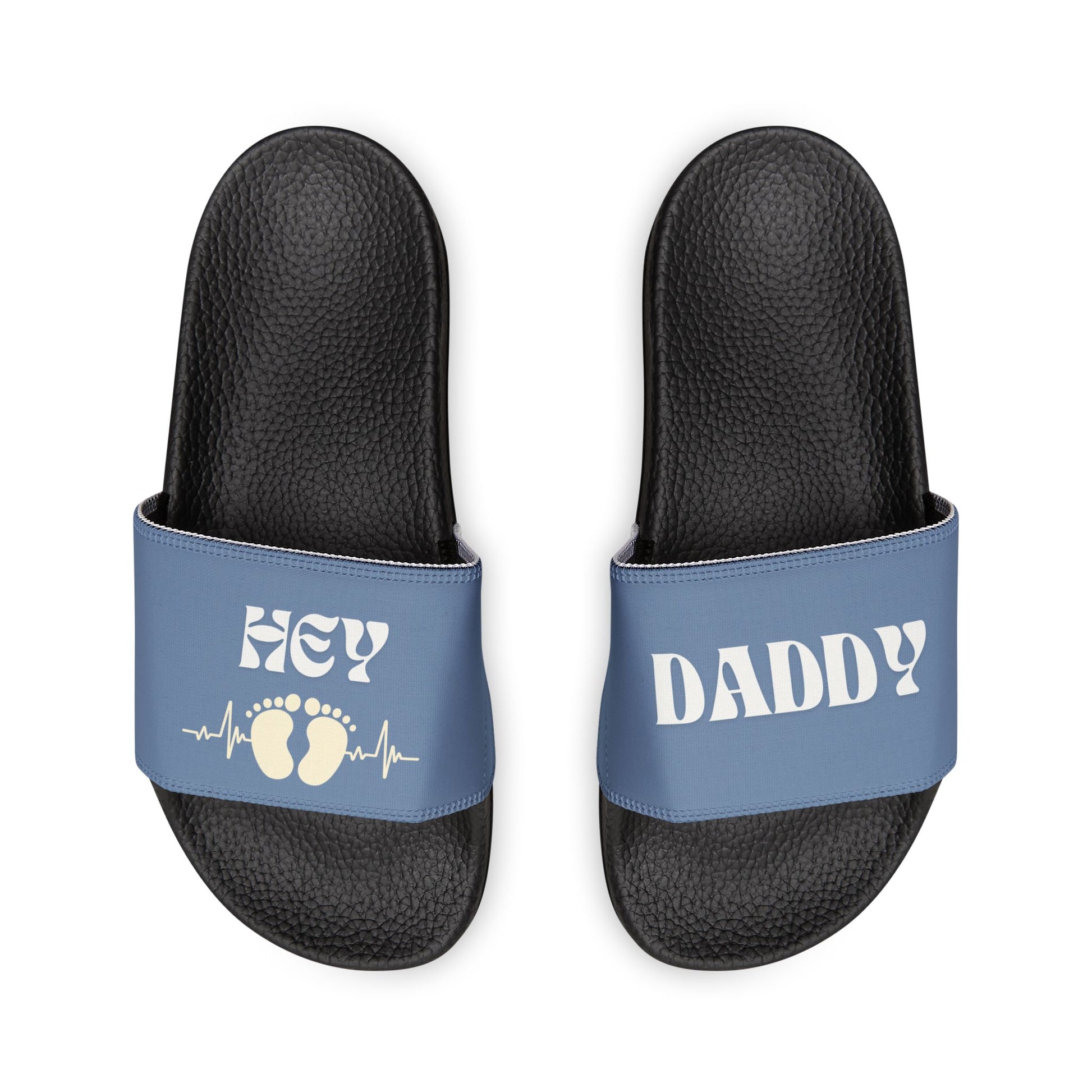 Hey Daddy Sandals with black sole and  navy blue strap and letters in white.