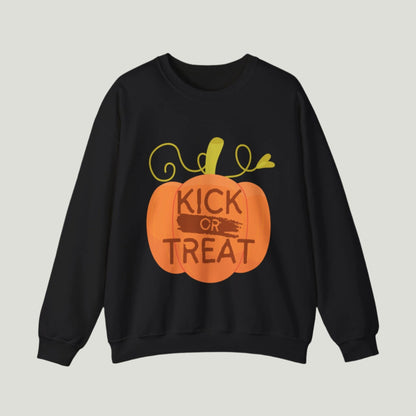 Black-colored Kick or Treat sweatshirt featuring playful text and a cute pumpkin graphic, perfect for celebrating Halloween and pregnancy announcements.