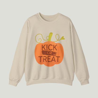 Sand-colored Kick or Treat sweatshirt featuring playful text and a cute pumpkin graphic, perfect for celebrating Halloween and pregnancy announcements.