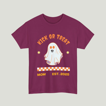 Berry "Kick or Treat" T-shirt featuring a cute ghost with a pacifier and the text "Mom, Established 2025," perfect for pregnancy announcements.