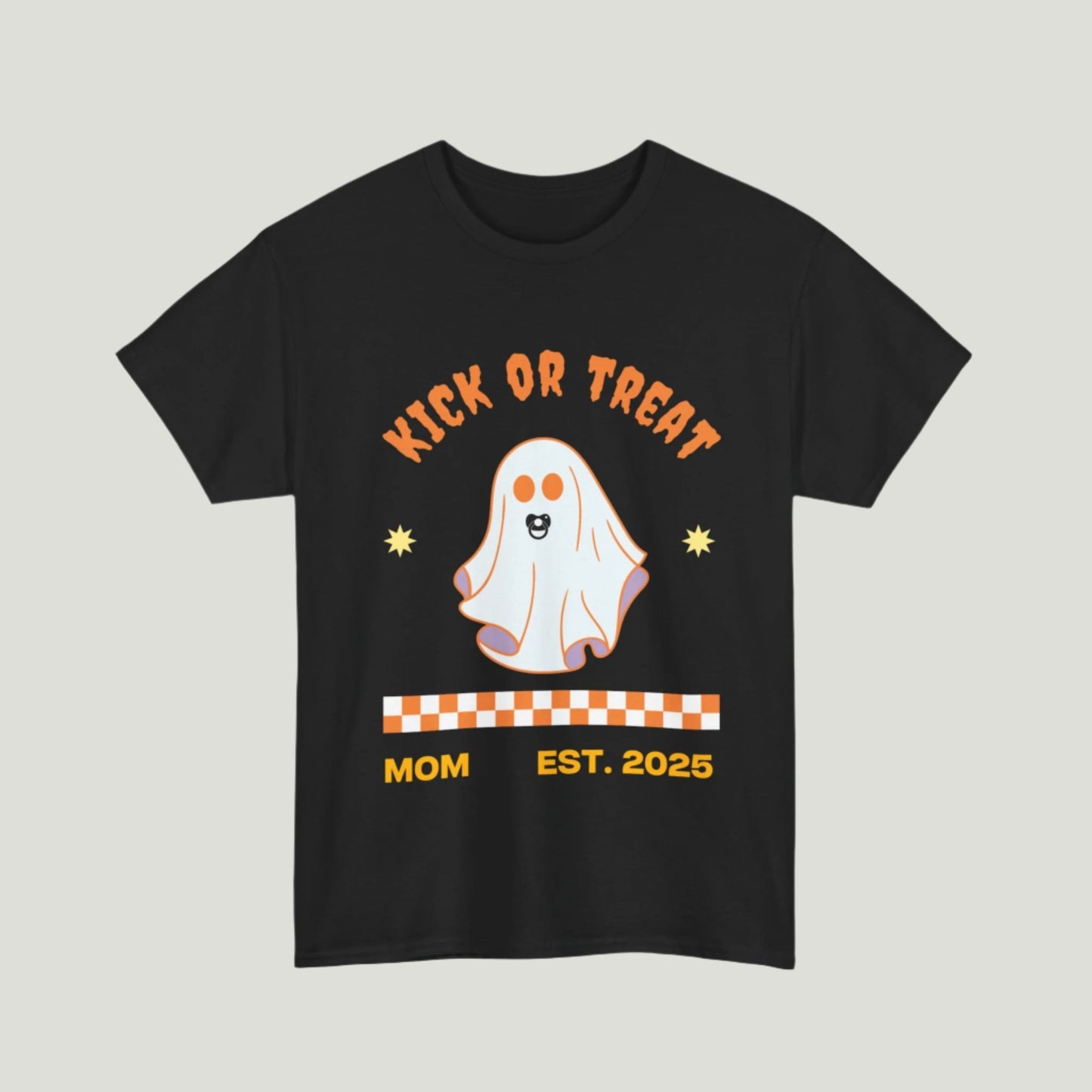 Black "Kick or Treat" T-shirt featuring a cute ghost with a pacifier and the text "Mom, Established 2025," perfect for pregnancy announcements.