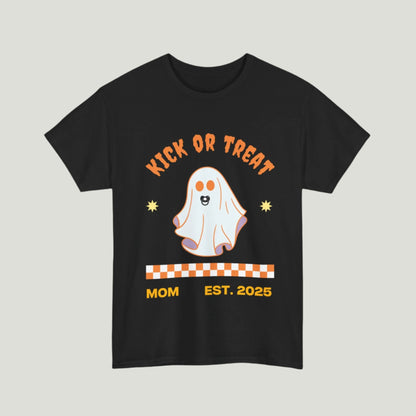 Black "Kick or Treat" T-shirt featuring a cute ghost with a pacifier and the text "Mom, Established 2025," perfect for pregnancy announcements.