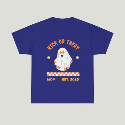 Cobalt color "Kick or Treat" T-shirt featuring a cute ghost with a pacifier and the text "Mom, Established 2025," perfect for pregnancy announcements.