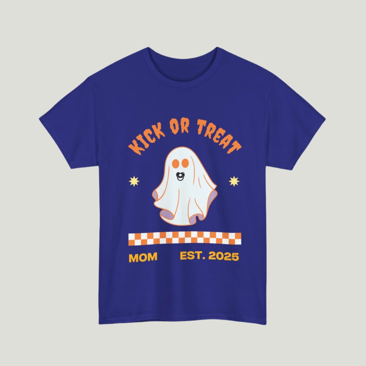 Cobalt "Kick or Treat" T-shirt featuring a cute ghost with a pacifier and the text "Mom, Established 2025," perfect for pregnancy announcements.