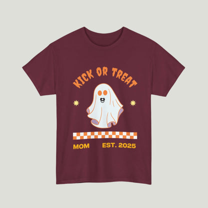 Maroon "Kick or Treat" T-shirt featuring a cute ghost with a pacifier and the text "Mom, Established 2025," perfect for pregnancy announcements.