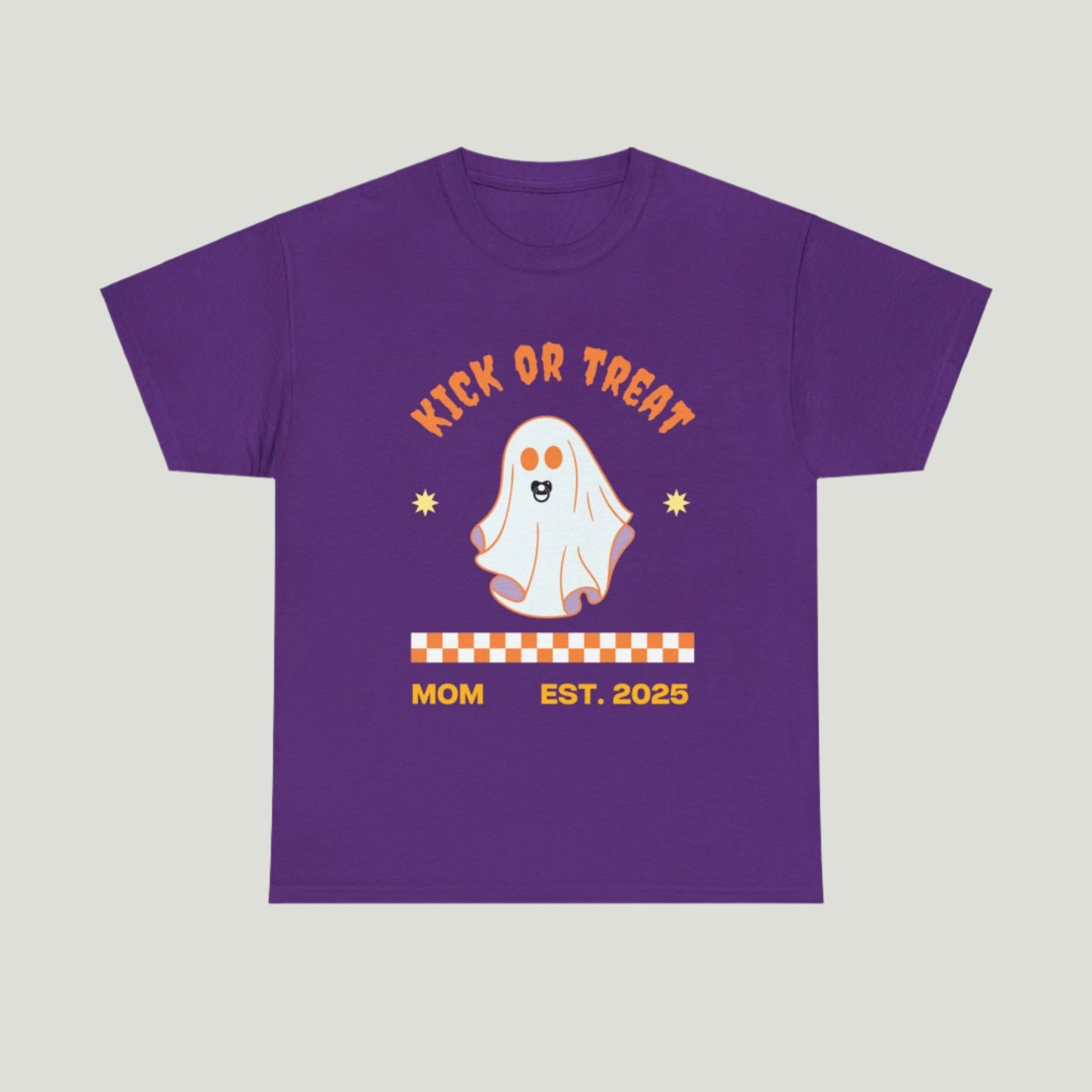 Purple "Kick or Treat" T-shirt featuring a cute ghost with a pacifier and the text "Mom, Established 2025," perfect for pregnancy announcements.