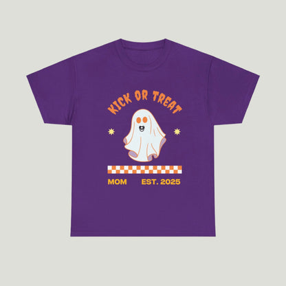 Purple "Kick or Treat" T-shirt featuring a cute ghost with a pacifier and the text "Mom, Established 2025," perfect for pregnancy announcements.