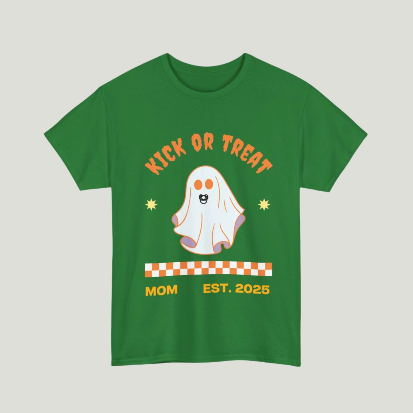 Turf Green "Kick or Treat" T-shirt featuring a cute ghost with a pacifier and the text "Mom, Established 2025," perfect for pregnancy announcements.