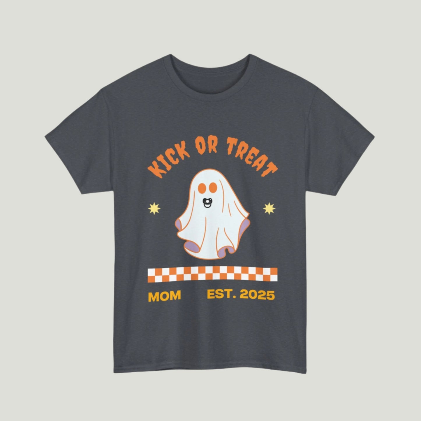 Tweed "Kick or Treat" T-shirt featuring a cute ghost with a pacifier and the text "Mom, Established 2025," perfect for pregnancy announcements.