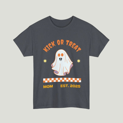 Tweed "Kick or Treat" T-shirt featuring a cute ghost with a pacifier and the text "Mom, Established 2025," perfect for pregnancy announcements.