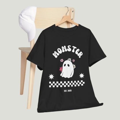 Momster T-Shirt in black color featuring a cute ghost graphic in the center and the text 'Established 2025,' perfect for announcing a pregnancy during Halloween
