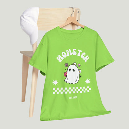 Momster T-Shirt in neon green color featuring a cute ghost graphic in the center and the text 'Established 2025,' perfect for announcing a pregnancy during Halloween
