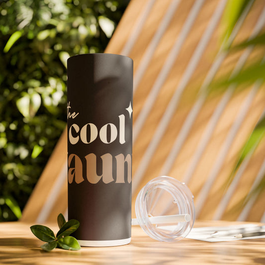 Image of The Cool Aunt Tumbler lid open and on a table.